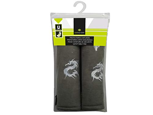 Carfactory - Almohadillas protectoras para cinturón de seguridad de coche, 2 piezas, color negro, logo dragón gris.