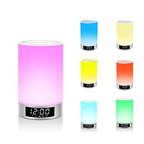 Mabor Lámpara de noche, LED, Regulable, Bluetooth, altavoz, USB, Recargable, alarma, reloj, sensor táctil y modo giratorio, 7 colores, 3 modos de luz – blanca.