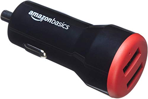 Amazon Basics - Cargador de coche, de 4,8 A / 24 W, 2 puertos USB, para dispositivos Apple y Android, Negro / Rojo