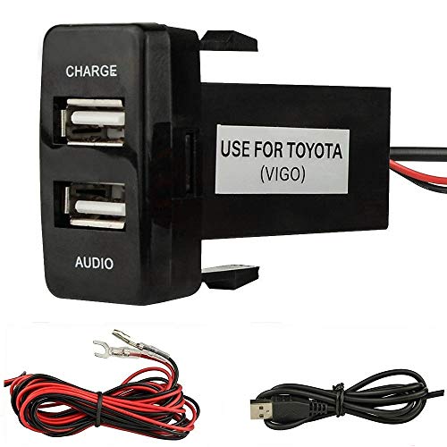 Cargador de coche USB de doble puerto con toma de audio USB de carga para cámaras digitales/dispositivos móviles para Toyota