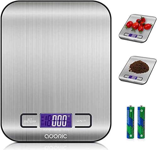 ADORIC Báscula Digital para Cocina de Acero Inoxidable, Balanza de Alimentos Multifuncional, Peso de Cocina, Color Plata (Baterías Incluidas) (Plateado)
