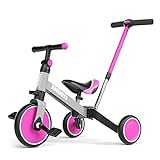 KORIMEFA Triciclos para Niños, 4 en 1 Una Bici Multifunción, Adecuado para niños de 1-3 años,Triciclo,Bicicleta,Carro de Equilibrio,Caminante, Altura del Asiento Regulable (Rosa(con Mango))