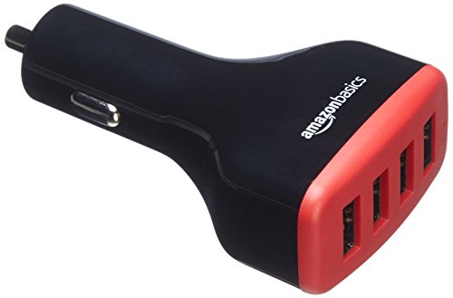 Amazon Basics - Cargador de coche, de 9,6 A / 48 W, 4 puertos USB, para dispositivos Apple y Android, Negro / Rojo