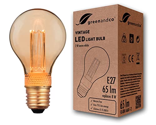 Bombilla LED greenandco® decorativa estilo vintage antiguo Edison E27 A60 2W 65lm 1800K (blanco extra cálido) 320° 230V vidrio, sin parpadeo, no regulable