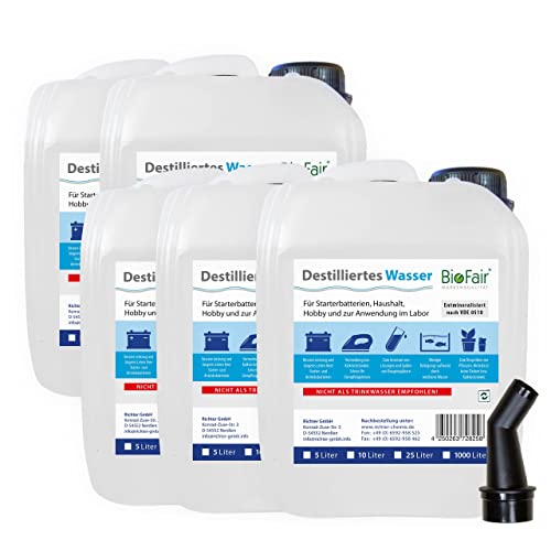 Agua desmineralizada BioFair 25 litros - de acuerdo con VDE 0510 - 5 x 5 l Agua Destilada - envío gratis