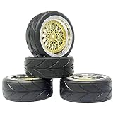 KEEDA Juego de neumáticos y ruedas de coche con radiocontrol, neumáticos de goma de 64 mm y rueda hexagonal de plástico de 12 mm para 1/10 RC On-Road Touring Racing Auto (dorado)
