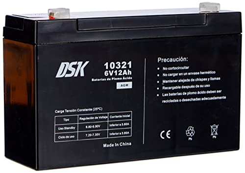DSK 10321 - Batería de Plomo AGM Recargable y Sellada de 6V y 12Ah. Batería Ideal para Coches y Motos Eléctricos para Niños, Sistemas SAI/UPS, Sistemas de Seguridad y Alarmas