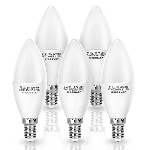 Aigostar - Bombilla LED E14 Vela 9w, equivalente a 55W, no regulable, Luz Blanca Fría 6400K, 720lm, Pack de 5 [Clase de eficiencia energética A+]