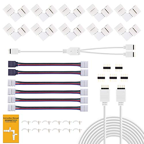 REDTRON Conector de tira LED,Conector LED RGB de 10mm que incluye 10x conectores en forma de L, Cable divisor de 2 vías, 4x puentes conectores de tiras[Clase de eficiencia energética A]