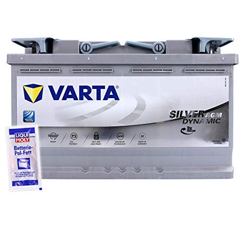Varta Silver Dynamic F21 AGM 80Ah 12V 800A - Batería de arranque para coche (74 Ah, 75 Ah, 77 Ah, 79 Ah, 580 901 080 + 1 grasa para batería)