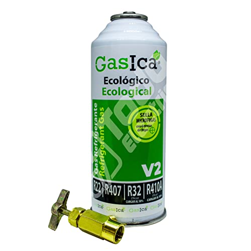 Pack Gasica V2 Bombona Gas Refrigerante Orgánico Ecológico Sustituto R22, R407, R32, R410A Y R290 más Llave de Paso de perforación 1/2 Hembra para envases Gasica