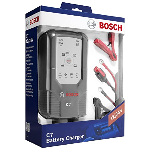 Bosch C7 cargador de baterías inteligente y automático - 12V/24 V / 7A para baterías de plomo-ácido, GEL, Start/Stop EFB, Start/Stop AGM para motocicletas y vehículos ligeros
