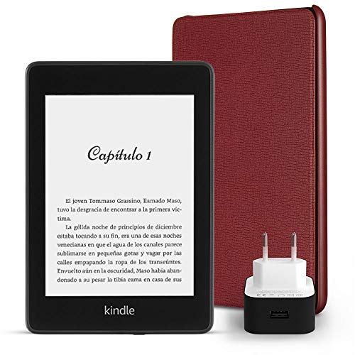 Kit Esencial Kindle Paperwhite, incluye un e-reader Kindle Paperwhite, 8 GB, wifi, sin ofertas especiales, una funda Amazon de cuero en color burdeos y un adaptador de corriente Amazon PowerFast