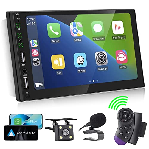 Radio Coche Bluetooth 2 DIN Compatible con Apple CarPlay y Android Auto, Estéreo Pantalla Táctil de 7 Pulgadas 1080P con Cámara Visión Trasera/Manos Libres Bluetooth/FM/USB/AUX/Mirror Link/Mic