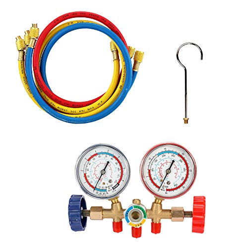 Refrigerant manifold gauge set, VISLONE Manómetros Aire Acondicionado de Refrigeración con manguera y gancho para R12 R22 R404A R134A