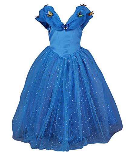 JerrisApparel Nuevo Vestido de niña Ceremonia Princesa Disfraz con Mariposa (140cm, Azul)