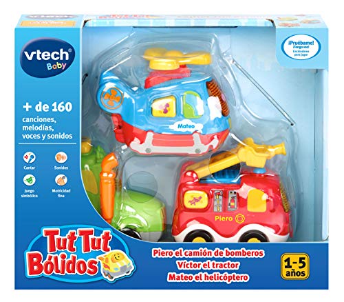 VTech TutTut Bólidos Pack de 3 coches con botón sorpresa, Piero el camión de bomberos, Víctor el tractor y Mateo el helicóptero, multicolor, única (3480-242122) , color/modelo surtido