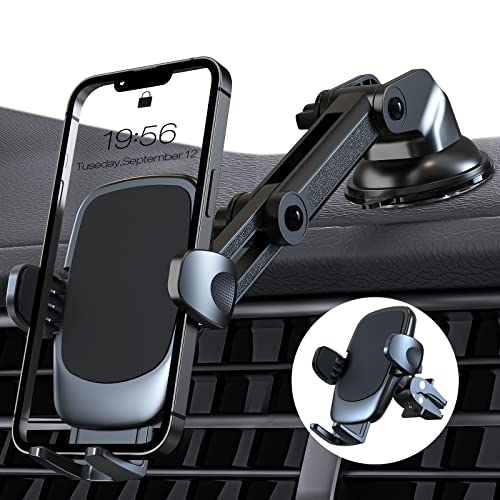 Amazon Brand -Eono Soporte Movil Coche 3 en 1, Brazo con Dos Puntos de Ajuste y Ventosa, para Salpicadero, Parabrisas y Rejilla de Ventilación,Compatible con iPhone 12/ 13/ 14 Plus Pro Pro MAX etc.