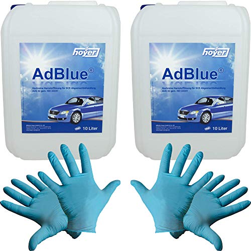 Hoyer AdBlue 2 recipientes de 10 L, incluye vertedor + 2 pares de guantes de nitrilo desechables