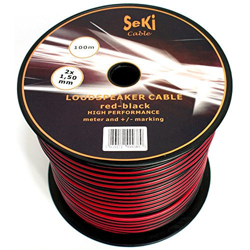 SeKi Cable para altavoz 2 x 1,50 mm2 – 100 m, rojo, negro – CCA – Cable de audio – Caja