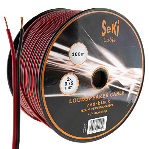 Seki Cable de altavoz 2 x 0,75 mm2 – 100 m – rojo y negro – CCA – Cable de audio – Cable de caja