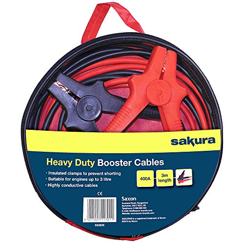 Sakura SS3626 - Cables de Arranque para Batería de Coche, Resistentes, 400 A, 3 m, con Códigos de Color, para Vehículos de Hasta 3 L/3000 CC