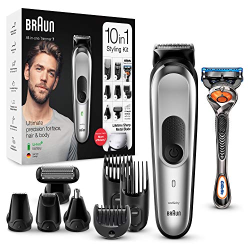 Braun MGK7220 - Recortadora 10 en 1, Máquina recortadora de barba, set de depilación corporal y cortapelos para hombre, color gris plateado, Maquina cortar pelo
