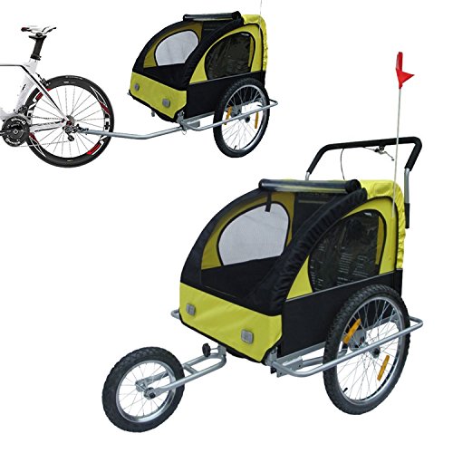 HOMCOM 2 en 1 Remolque de Bicicleta para Niños de 2 Plazas con Amortiguadores Convertible en Carro para Correr con Barra y Kit de Footing 129x85x105cm Amarillo