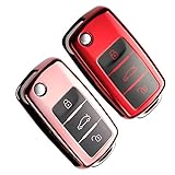 Yosemy Funda para llave de coche, 2 unidades, compatible con VW Golf Skoda Seat, funda para llave de coche de 3 botones, funda de TPU (oro rosa + rojo)