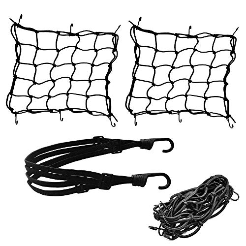 2 redes de carga elásticas con ganchos + 1 cinta de goma elástica para casco, portaequipajes, bacas, motos, bicicletas, color negro
