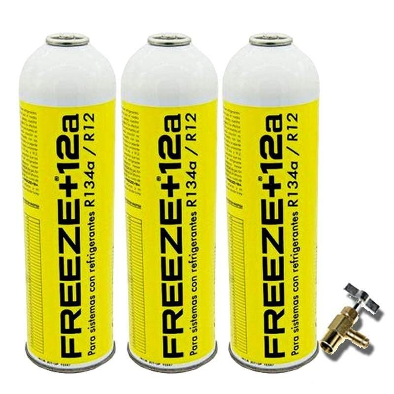 REPORSHOP - 3 Botellas Gas Ecologico Refrigerante Freeze +12a 420Gr + Valvula Organico Sustituto R12, R134A